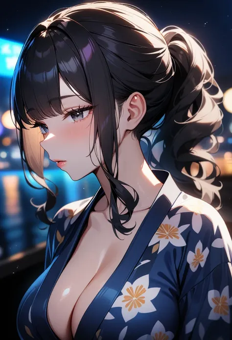 1girl,solo,super detailed skin,shiny skin,natural face ,half open eyes,eyelashes,lips gloss,black hair,wavy hair,ponytail,sidelocks,large breasts,floral printed yukata ,night port,masterpiece,best quality,ultra detailed,high resolution,sharp focus,depth of...