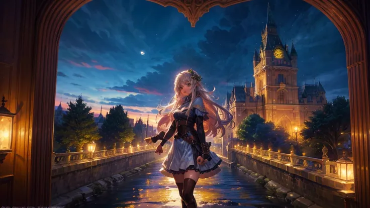 Fantasy art, RPG Art, Princess looking out the window at the magic castle, A beautiful elven princess looks out her window at the enchanted castle, An impressive castle with great attention to detail, with tower, bridge, moat, Standing on the mountain top,...