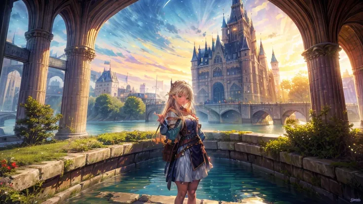 fantasy art, rpg art, princess looking out the window at the magic castle, a beautiful elven princess looks out her window at th...