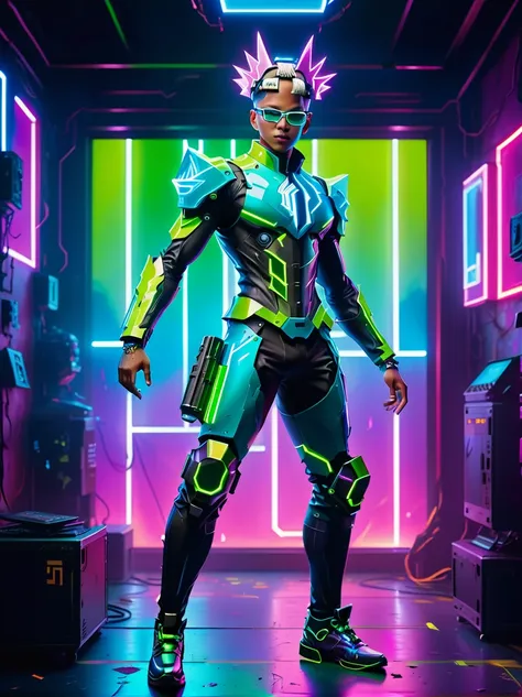 1 boy, Solitary, Lightning energy，Electricity elements，Wearing a pointed headdress，(Wearing large rectangular glasses:1.3)，Blue Highlight Lightning，Wearing bright blue and green square clothes，high-heel boots，Wields electric weapons，in a dynamic dancing po...