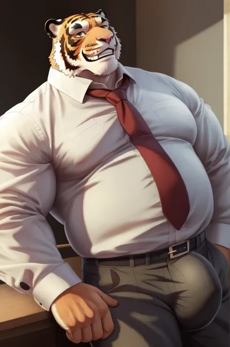 Author: bontiage, (1 boy), One, tiger, big bulge crotch, boner, pants, long sleeve plain shirt, necktie, Mens Second, kemono, hot body, muscle, Beautiful, sexual, Attractive guy, (Detailed black eyes), brows, (masterpiece, A high resolution, Best quality),...