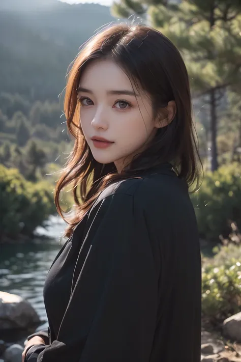 Cute 19 year girl, white skin ,((Viking hair), (((upper body portrait, happy)), nature, lake on the mountain, (((cloudy weather)), ((late afternoon)), ((black clothing), pine trees at the foot of the mountain, cold clothes, realistic lighting, realistic sh...