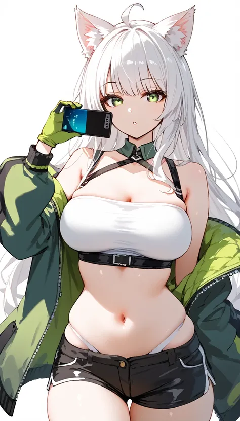 a cartoon style female character holding a phone with an iphone attached, 1girl, solo, animal ears, green eyes, navel, long hair, white hair, breasts, gloves, green gloves, ahoge, looking at viewer, bare shoulders, animal ear fluff, jacket, white backgroun...