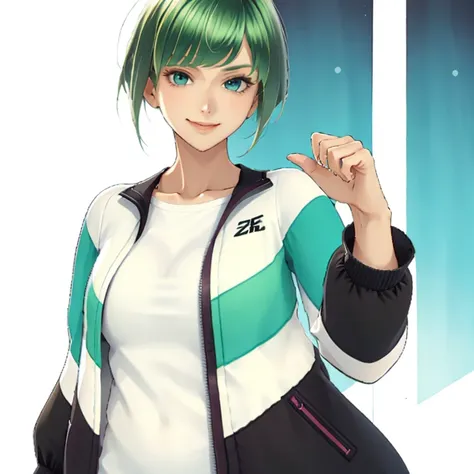 green hair,emerald hair,short hair,short hair,bright face,upper body up,chest up,business woman,intellectual,smile,jacket,white ...