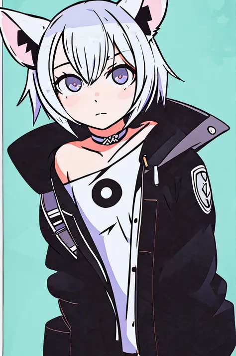 1girl, :3, animal_ears, bangs, black_background, black_jacket, blush, cat, cat_ears, choker, closed_mouth, collarbone, eyebrows_...