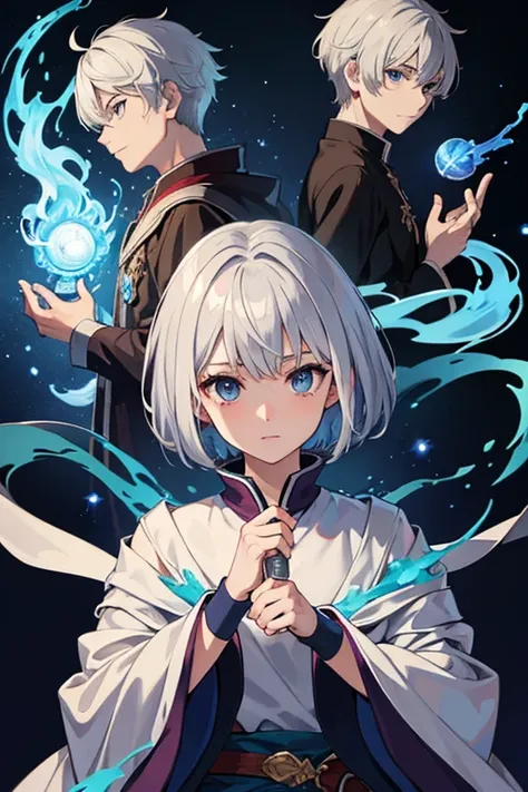 masterpiece, Highest quality, High resolution，Anime Style、Silver Hair、Short Hair、male、Wizard、Robe、magic、Blue flame and red flame