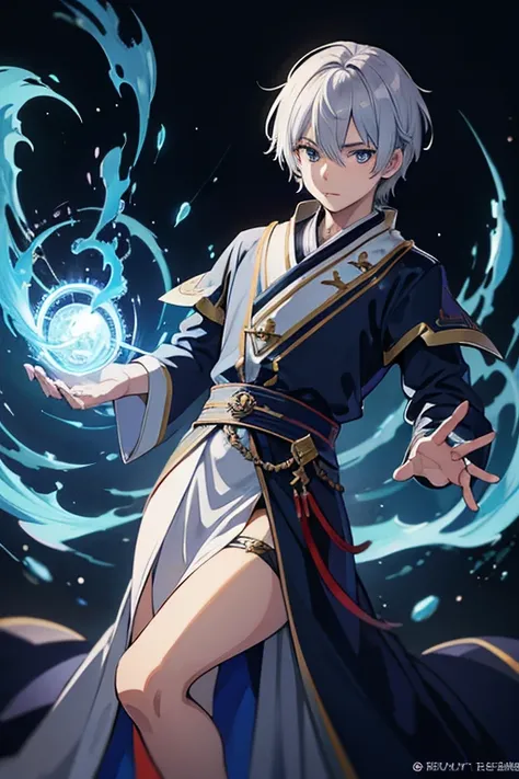 masterpiece, Highest quality, High resolution，Anime Style、Silver Hair、Short Hair、male、Wizard、Robe、magic、Blue Flame、Ancient city