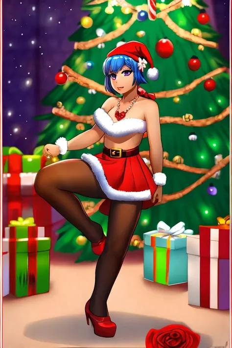 1 Girl, Bangs, Blue Hair, bow, Box, bracelet, Christmas, Christmas tree, Cowboy shooting, skirt, earrings, Fishing Net, flower, Gift, Gift Box, Hair accessories, Hamel, Jewelry, Looking at the audience, Colorful hair, necklace, Pantyhose, Open your mouth, ...