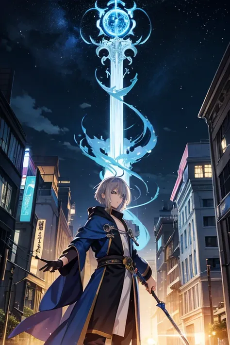 masterpiece, Highest quality, High resolution，Anime Style、Silver Hair、Short Hair、male、cool、Wizard、Robe、magic、Blue Flame、With the ancient city in the background