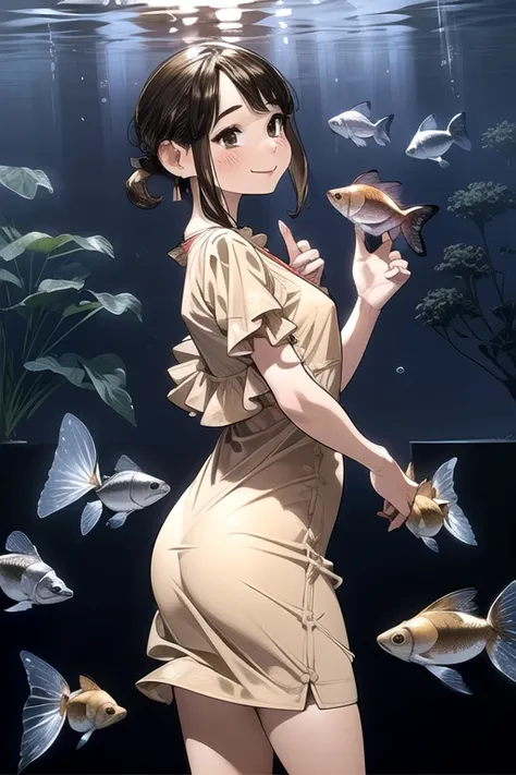 Very detailed, high quality:1.5, masterpiece, beautiful, Film Portraits,norfleet,(dark),((douki-chan)),short ponytail,office lady,jewelry,earrings,no sleeve,Shoulder,one piece,(((Beige long dress))),(((Tilt  head))),Put your hands behind your back,turn aro...