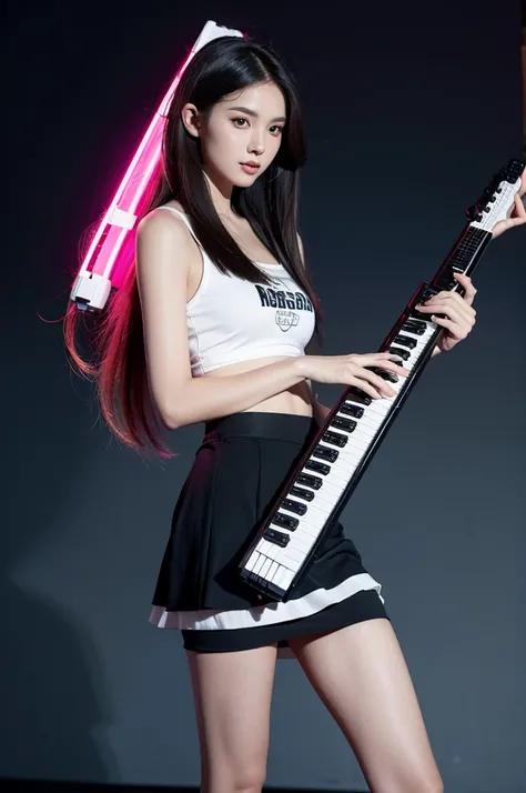 The picture of a model playing the keytar has beautiful legs in a skirt..