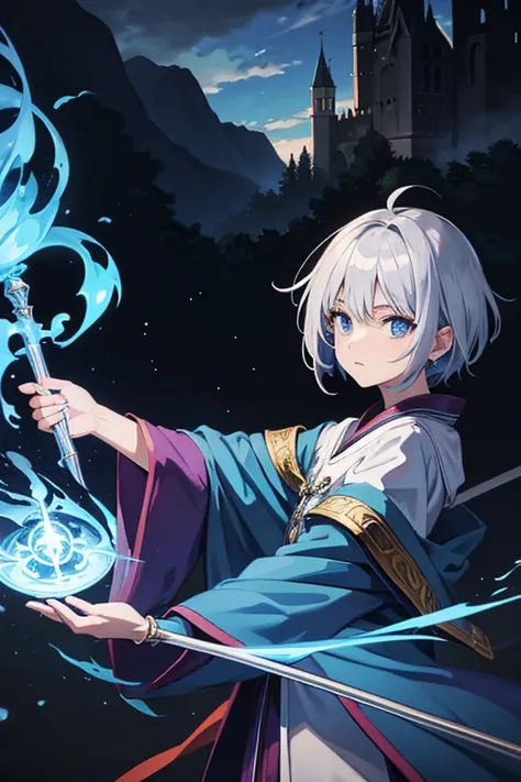 masterpiece, Highest quality, High resolution，Anime Style、Silver Hair、Short Hair、male、Wizard、Robe、magic、Blue Flame、With an ancient castle in the background、With a long cane