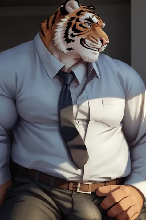 Author: bontiage, (1 boy), One, tiger, big bulge crotch, boner, pants, long sleeve plain shirt, necktie, Mens Second, kemono, hot body, muscle, Beautiful, sexual, Attractive guy, (Detailed black eyes), brows, (masterpiece, A high resolution, Best quality),...