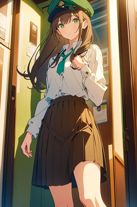 Brown hair woman, high ranking official clothes, wearing a cap, long hair, ponytail style, tight skirt, green eyes
