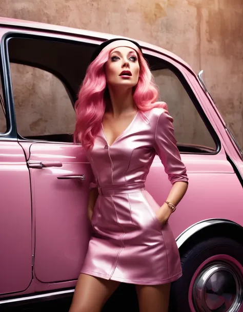 (best quality)1, (best detail)1, (specular highlights)1, (specular reflections)1, (wallpaper)1, cel-shaded poster style, a cool looking french woman with long pink hair, in a leather sticky mini dress stood against a wall in profile, in cars high-beams lig...