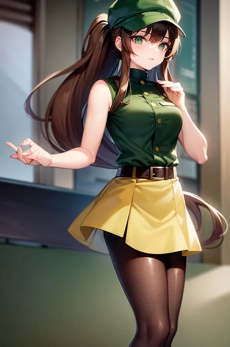 Brown hair woman, high ranking official clothes, wearing a cap, long hair, ponytail style, tight skirt, green eyes
