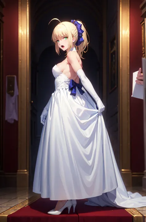 best quality, masterpiece,phSaber, phAltoria, 1girl, solo, gloves, elbow gloves, high heels, white dress, white gloves, open mouth, bow, official alternate costume, hair bow, breasts, backless dress, backless outfit, ponytail, strapless dress, bare shoulde...