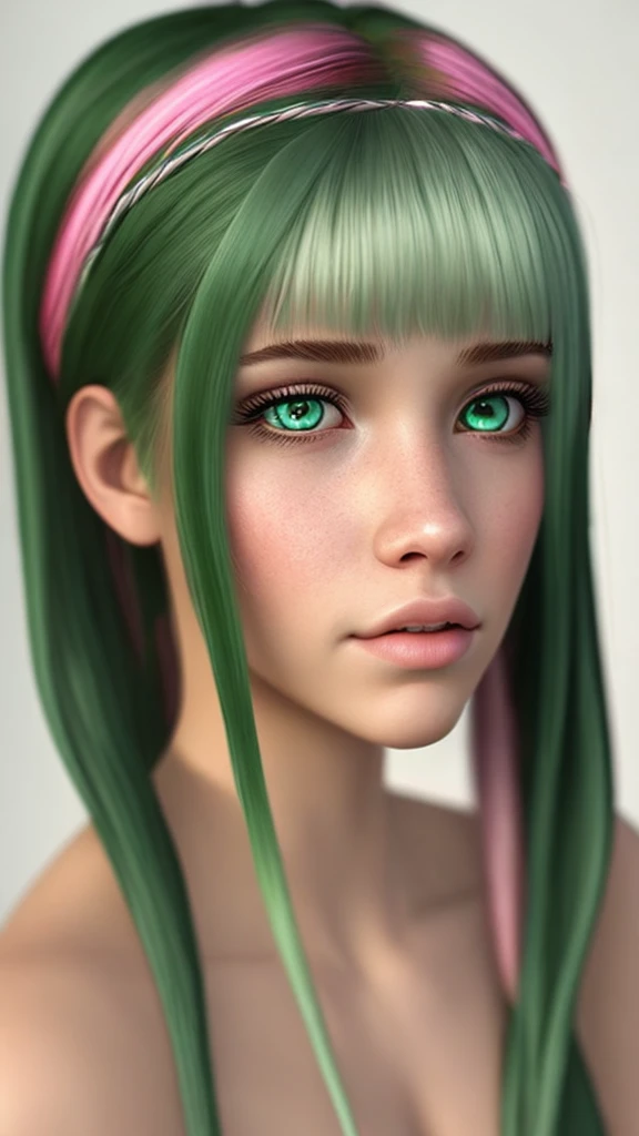 portrait, photorealistic, realistic, girl, beautiful green eyes, clear skin, soft makeup, long streaked green/pink hair, ponytail, braids, bangs, realistic soft skin, tight body.