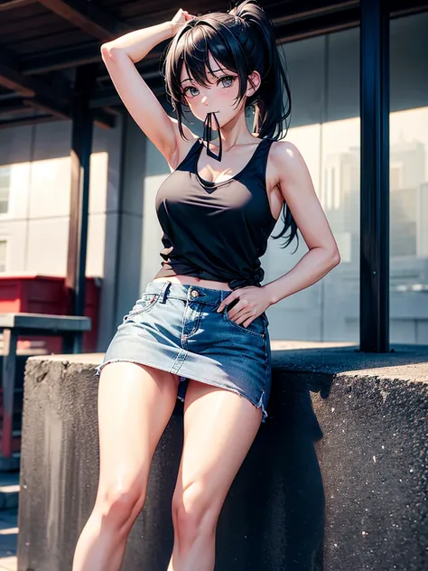 Highest Resolution,Highest quality,１Beautiful girl of the person,mini skirt,Knee-high stockings,Black hair ponytail,Tank top,Hold a hair tie in your mouth,Place your hands behind your head.,