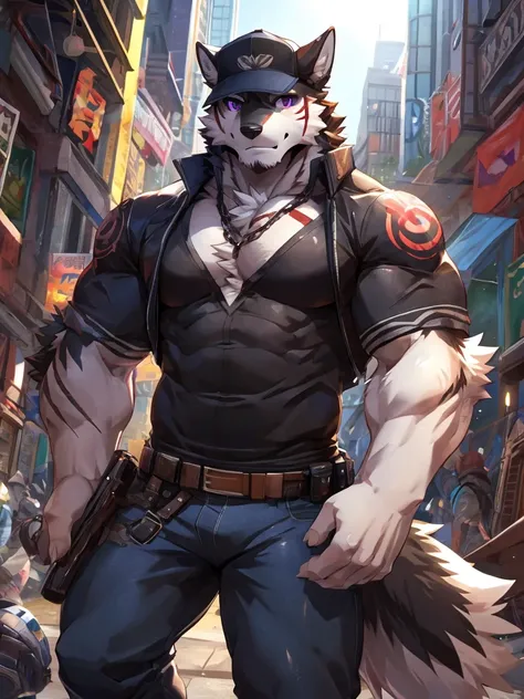 embedding:Black wolf，male, Purple eyes,Scar on the face, Single Person,black fur.The chest and abdomen are white fur.A film actor,In modern times,On the movie set.Wear casual clothes.Wearing a cap,Tattoo,Adult male,strong,Handsome,Muscular,Tall,Best qualit...