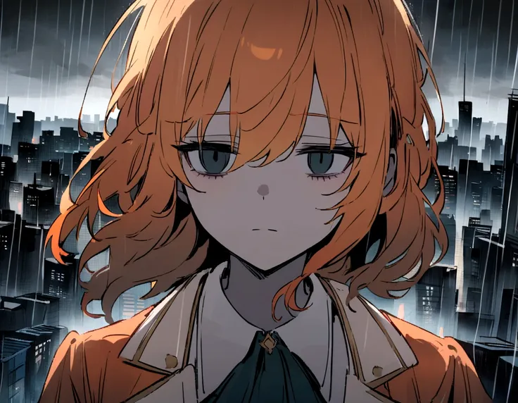 Anime fox girl, orange hair, dead eyes, neutral face, teary eyes, basking in the rain,, cityscape, pale colors, UHD