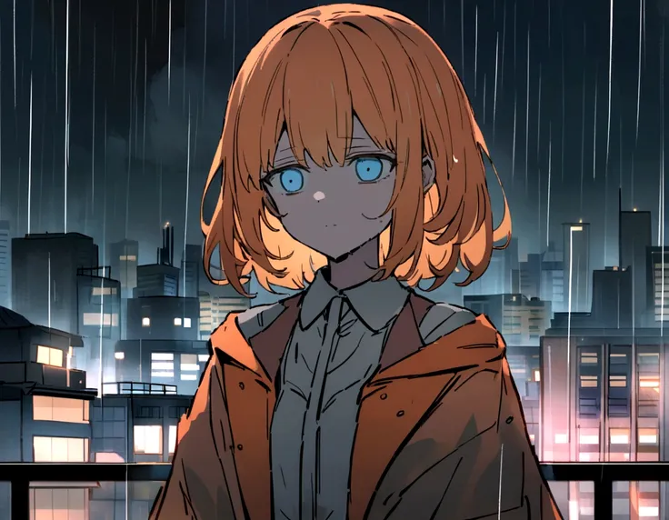 Anime fox girl, orange hair, dead eyes, neutral face, teary eyes, basking in the rain,, cityscape, pale colors, UHD