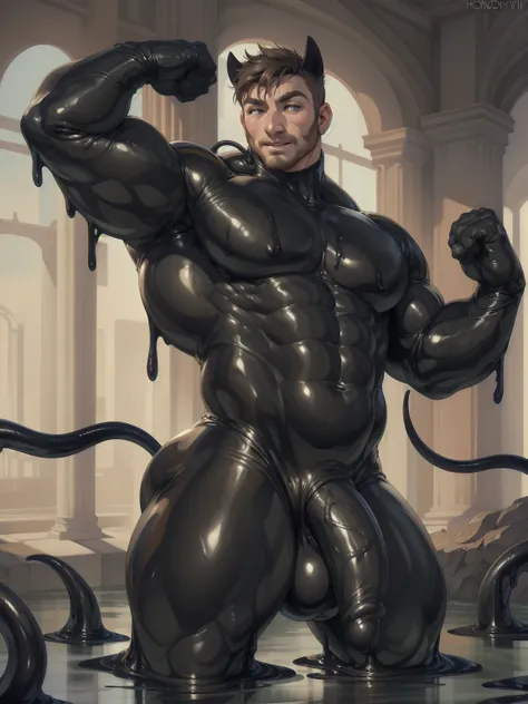 (big black rubber penis:1.5,bigballs),standing in black slime tentacles,flexing pectoral,(((human head:male,bara face,short hair:brown,melting:1))),(in black slime rubber suit,rubber suit:1.5 ),(in black slime tendrils  lair:1.5),(by ross ,by null-ghost, b...