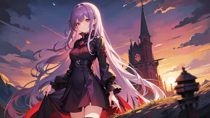 Woman, long dark purple hair, red eyes, portrait, gisha, anime image, Stand straight and look at the camera ,black long open dress, witch, silver jewelry in the shape of ribs,