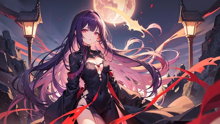 Woman, long dark purple hair, red eyes, portrait, gisha, anime image, Stand straight and look at the camera ,black long open dress, witch, silver jewelry in the shape of ribs,