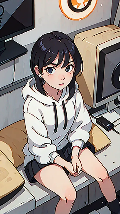 hoodie, earring, sitting, in front of computer