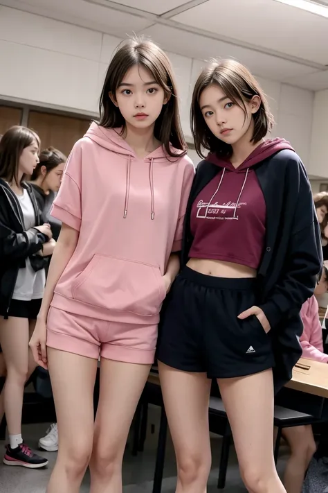 deux femmes ensemble de 18 ans sexy et mince , pink short sleeve hoodie , salle de classe, se touche,position sey,sensuel,visible legs,