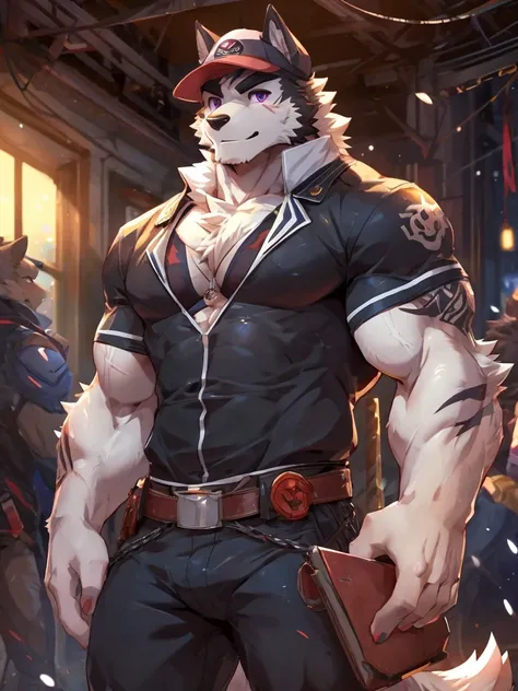 embedding:Black wolf，male, Purple eyes,Scar on the face, Single Person,black fur.The chest and abdomen are white fur.A film actor,in the movie set.Wear casual clothes.Wearing a cap,Tattoo,Adult male,strong,Handsome,Muscular,Tall,Best quality hands, best qu...