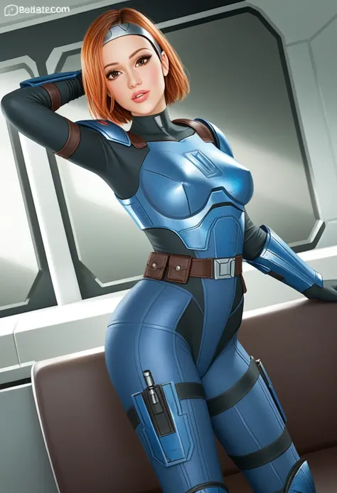 score_9_up, score_8_up, score_7_up, 1girl, solo, mature female, ((Bo Katan)), orange bob hair, brown eyes, pink lips, parted lips, fit slim body, (((blue and white Mandalorian armor suit))), (((white Starship room, space in the porthole, white furniture, h...