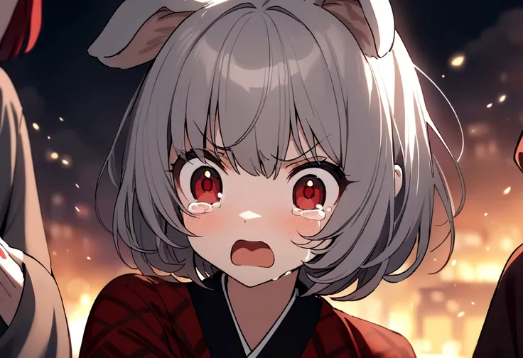 girl，cute，Small breasts，Gray Hair，Dog Ears，short hair，Red eyes，kimono，countryside，night，I am very surprised、Crying and angry