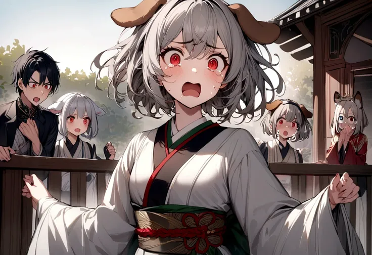 girl，cute，Small breasts，Gray Hair，Dog Ears，short hair，Red eyes，kimono，countryside，night，I am very surprised、Crying and angry