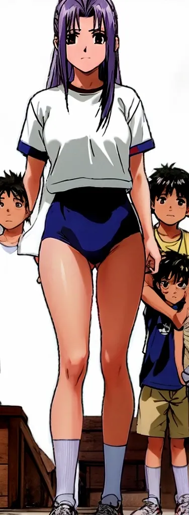 Momoko Koigakubo, a tall woman with beautiful legs, stands in a white gym suit and light navy blue bloomers that look like panties.。In front of Momoko, standing next to her, is a first grade boy wearing a tracksuit with a big smile on his face, and Momoko ...