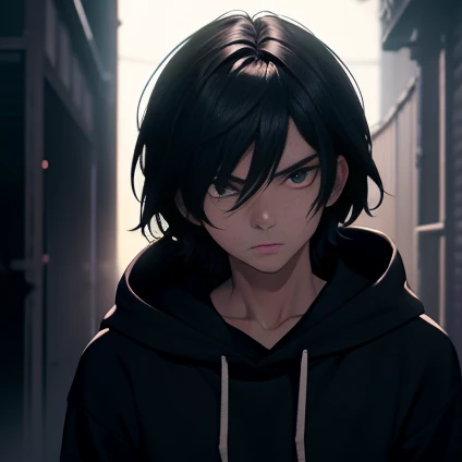 a twink boy with arm-length black hair, wearing a black hoodie, serious expression, cinematic lighting, intricate details, realistic skin textures, high definition, dramatic chiaroscuro, sophisticated color grading