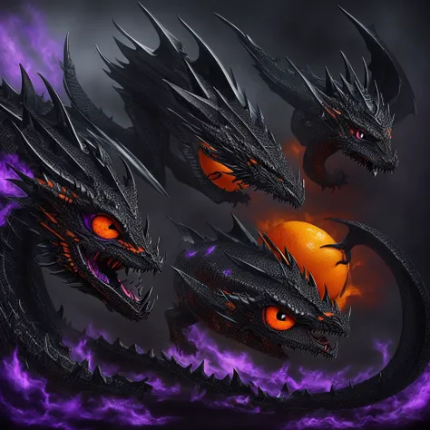 Black dragon with a violet eyes and black dragon with an orange eyes