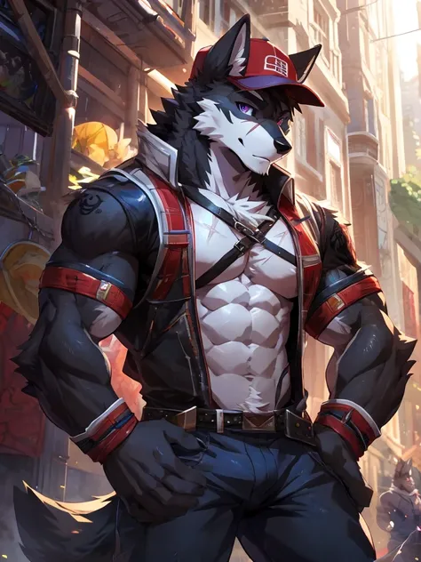 embedding:Black wolf，male, Purple eyes,Scar on the face, Single Person,black fur.The chest and abdomen are white fur.A film actor,in the movie set.Wear casual clothes.Wearing a cap,Tattoo,Adult male,strong,Handsome,Confident,Young,Muscular,Tall,Best qualit...