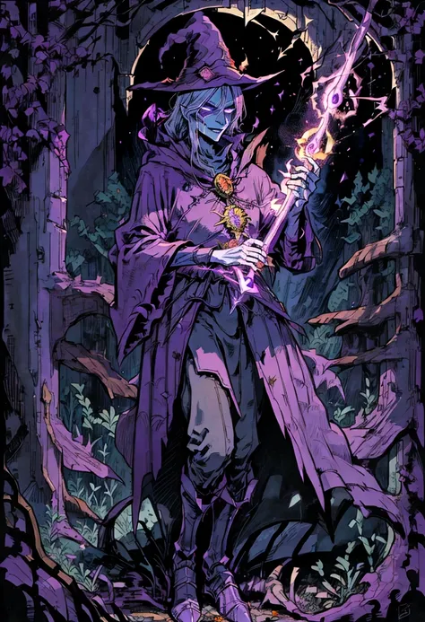 a cartoon character dressed in a purple robe and a hat holding a glowing torch, undead mage, evil sorcerer, dark fox mage, evil male sorcerer, an arcane wizard casting a spell, lich demon mage class, portrait of a mage, portrait of a forest mage, painted i...