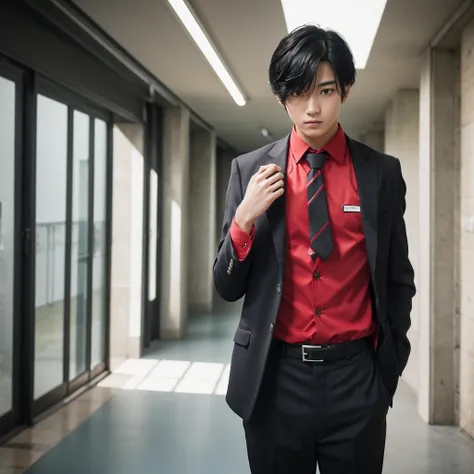 score_9, score_8_superior, score_7_superior, score_6_superior, sauce_anime, Break 1 Boy, Solosen１rare, Black Hair, , Red Blazer, tie, Black trousers, View your viewers, Happy, superiorper body, corridor, School building