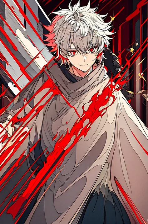 generate a light gray haired boy with short fluffy hair and deep red eyes, holding a glittering red sphere. he wears a dolman-style oversized tunic that fits snugly around the top but flows loosely towards the ends. he puts on a sly smile. hes surrounded b...