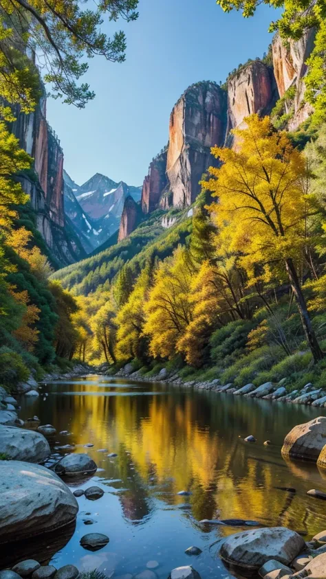 explores the breathtaking sights and sounds of a valley nestled in a national park. The video captures Sophia amidst towering mountains, massive rocks, a colorful spring forest, blooming trees, and a gentle river bathed in morning sunshine. Experience an i...