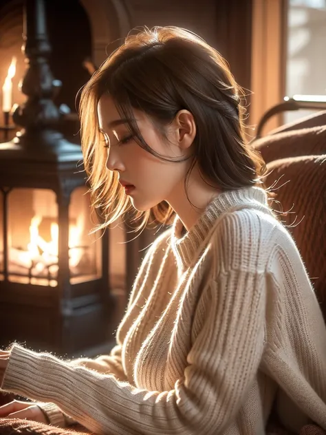 A pensive woman with loose blonde waves is captured in an intimate close-up profile. Shes wearing a cozy oversized sweater that adds to the comfortable atmosphere. The setting is a warm, inviting living room with a crackling fireplace. Its a quiet winter e...