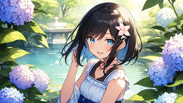 ((Masterpiece)), ((top quality)), very detailed, animated style illustration, Japanese style garden, 1girl, cute girl, solo, upper body, upper body focus, in the middle, white sundress, (beautiful eyes), beautiful black hair, short hair, flower hair orname...