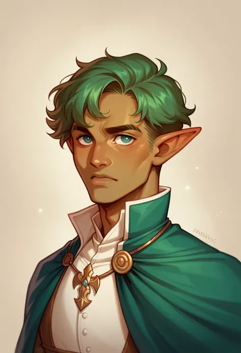 A 16-year-old male elf with an ectomorph build, olive skin, and short turquoise hair styled simply. His diamond-shaped face is striking, with round eyes that hold a hint of mischief. Thin lips give his features a delicate touch, while his narrow eyebrows, ...