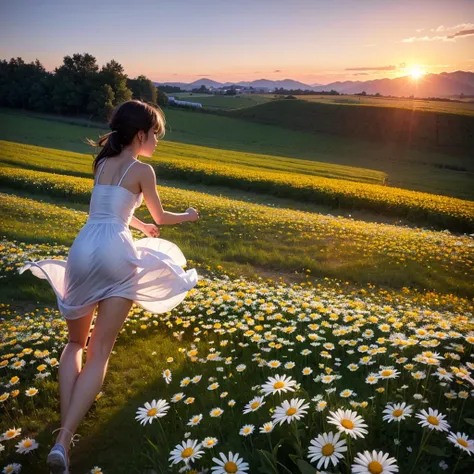 girl runs through a field with daisies at sunset 