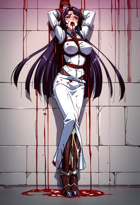 ((Yatsu Murasaki)),Full Body,((Bloody clothes,,blood is flowing from the mouth,Weakened woman,arms up,shibari,Infusion,