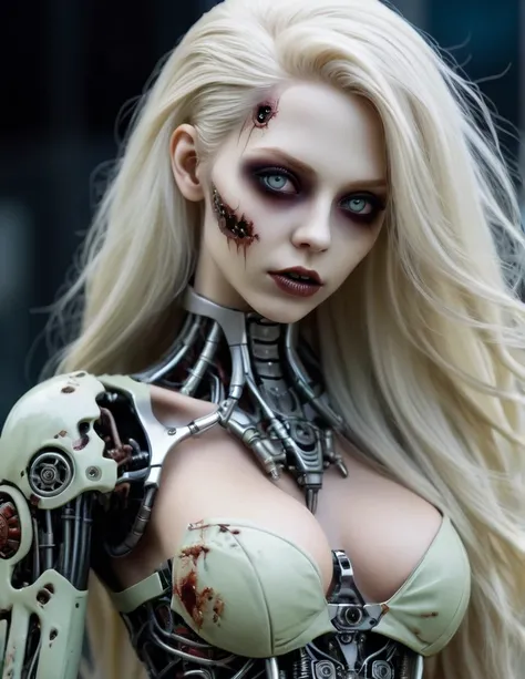 very attractive 25 year old girl with long platinum blonde hair, A gorgeous biomechanical zombie realistic woman, highly detailed and textured. Its very realistic and impressive, fantastic color