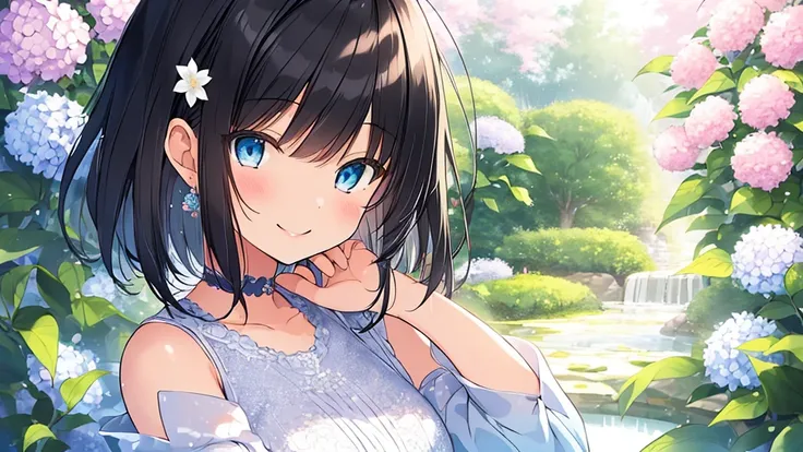 ((Masterpiece)), ((top quality)), very detailed, animated style illustration, Japanese style garden, 1girl, cute girl, solo, upper body, upper body focus, in the middle, white sundress, (beautiful eyes), beautiful black hair, short hair, flower hair orname...